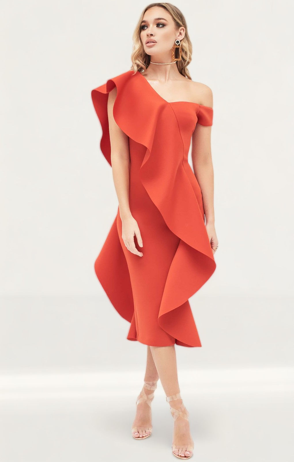 Lavish Alice Off The Shoulder Exaggerated Frill Scuba Midi Dress In Red product image