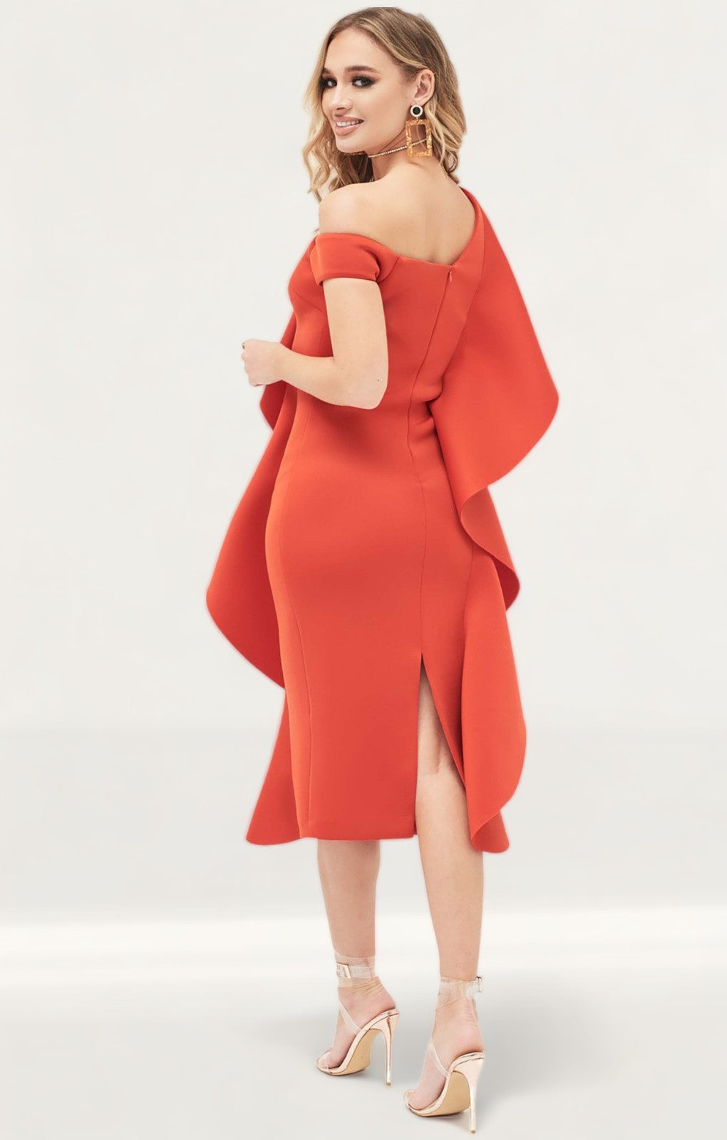 Lavish Alice Off The Shoulder Exaggerated Frill Scuba Midi Dress In Red product image