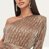 Lavish Alice One Sleeve Sequin Mini Dress In Gold