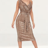 Lavish Alice Pleated Sequin Cowl Neck Midi Dress In Gold