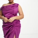 Lavish Alice Plus Off Shoulder Satin Side Ruched Mini Dress In Purple