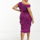 Lavish Alice Plus Off Shoulder Satin Side Ruched Mini Dress In Purple