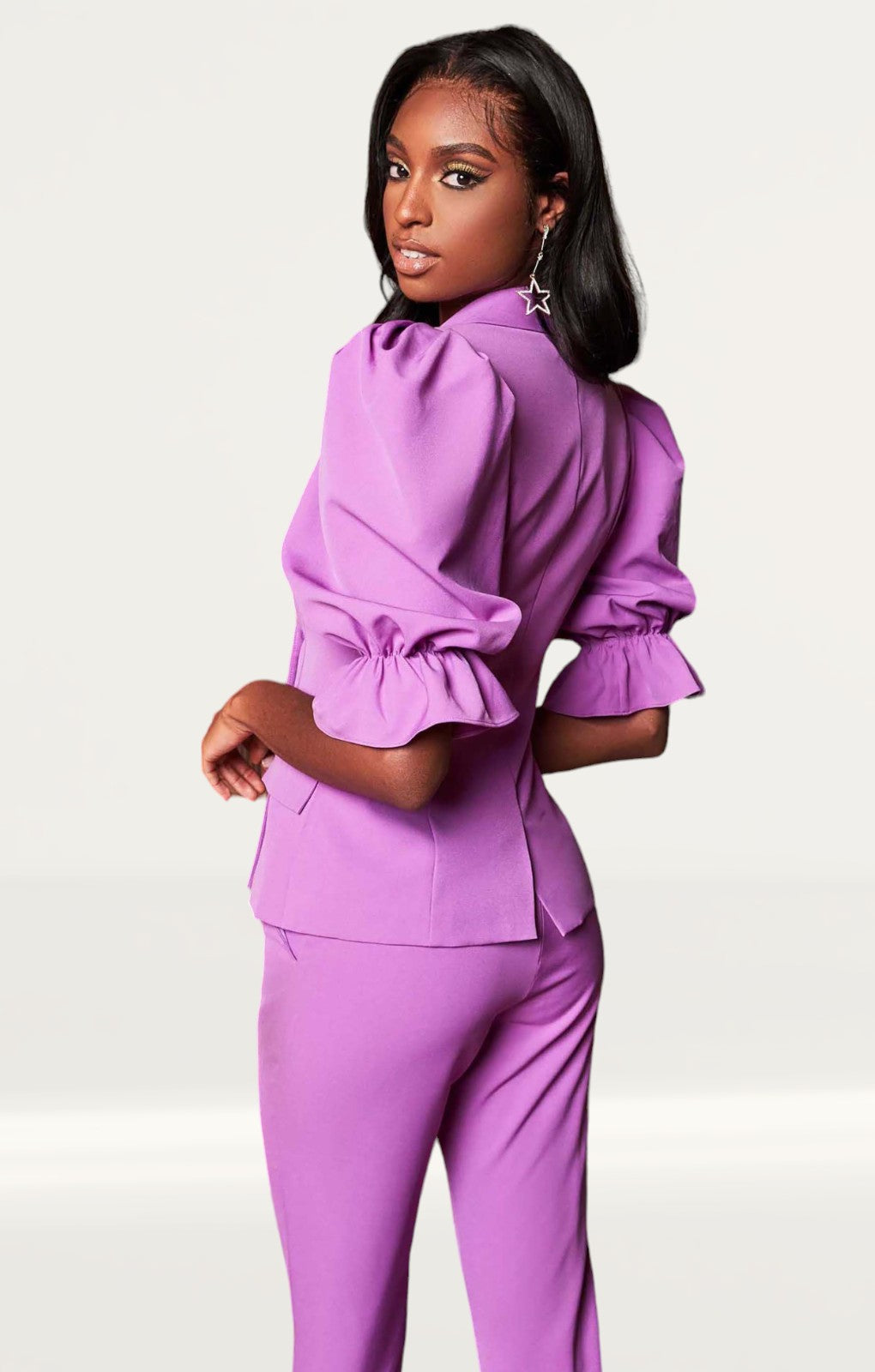 Lavish Alice Purple Balloon Sleeve Blazer And Corset Waist Trousers