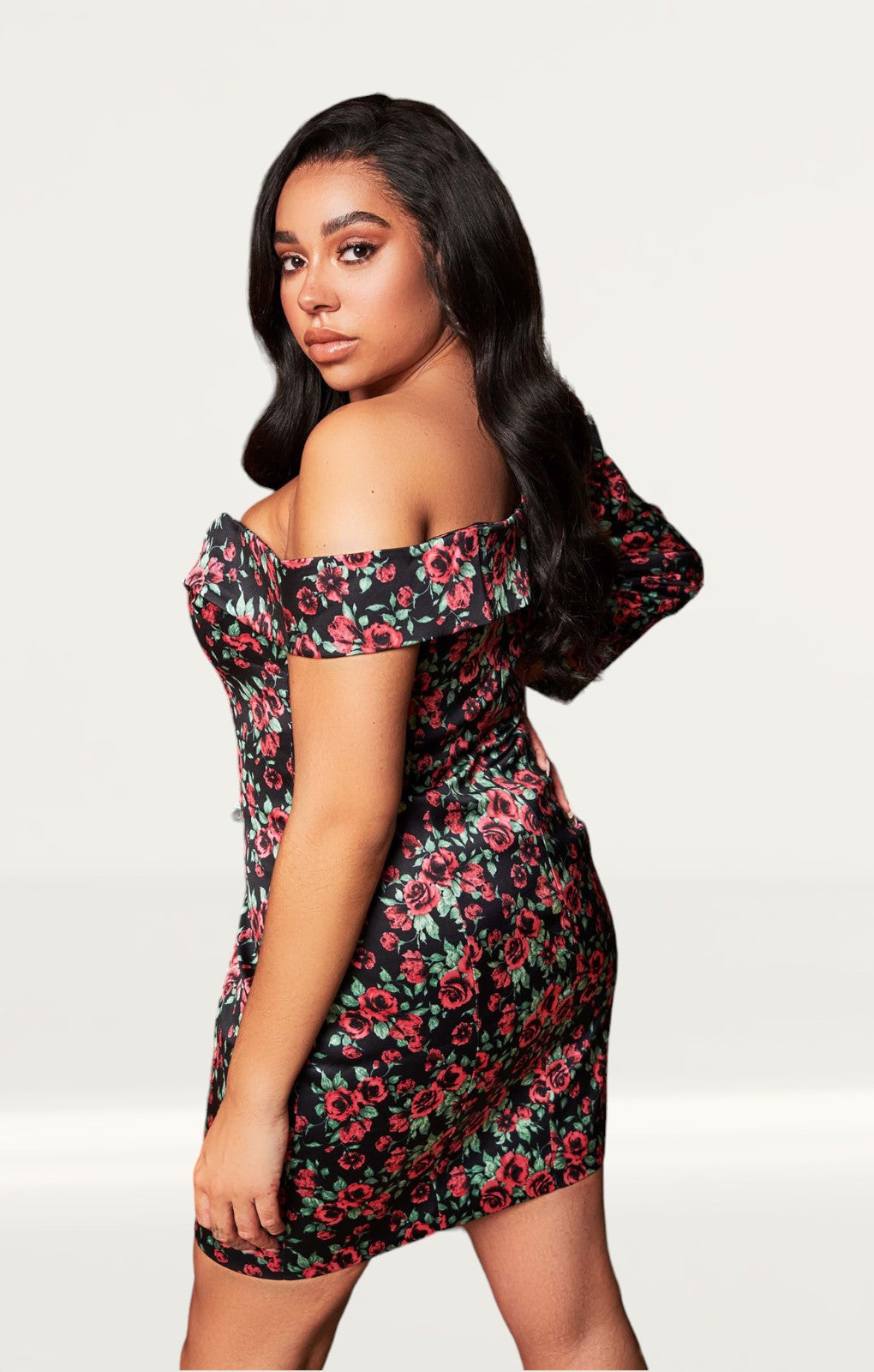 Lavish Alice Rose Print Statement Shoulder Mini Dress product image