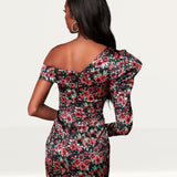 Lavish Alice Rose Print Statement Shoulder Mini Dress
