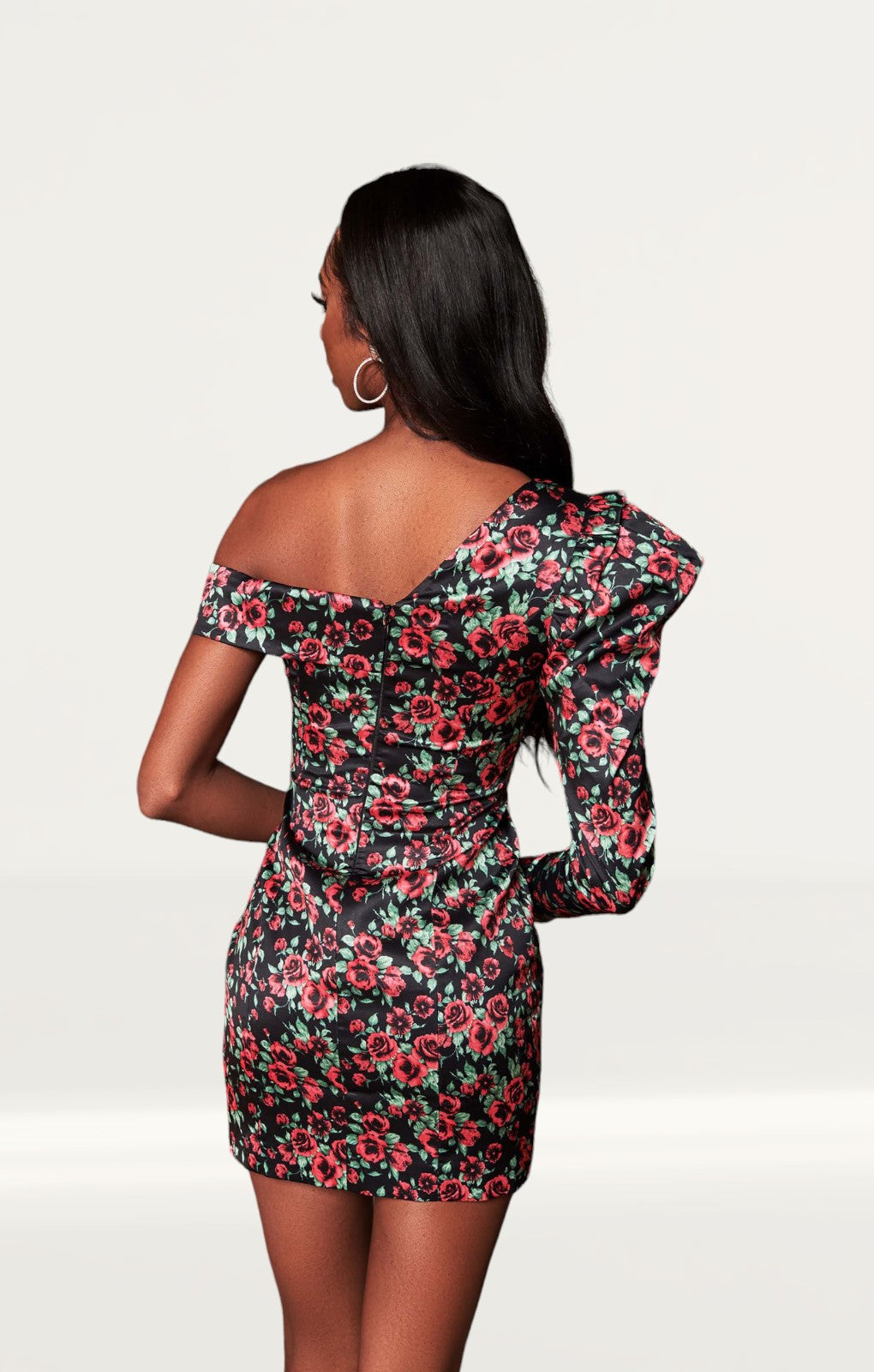 Lavish Alice Rose Print Statement Shoulder Mini Dress