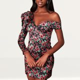 Lavish Alice Rose Print Statement Shoulder Mini Dress