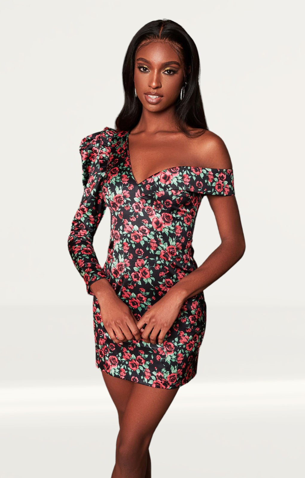 Lavish Alice Rose Print Statement Shoulder Mini Dress
