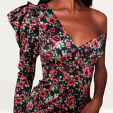 Lavish Alice Rose Print Statement Shoulder Mini Dress
