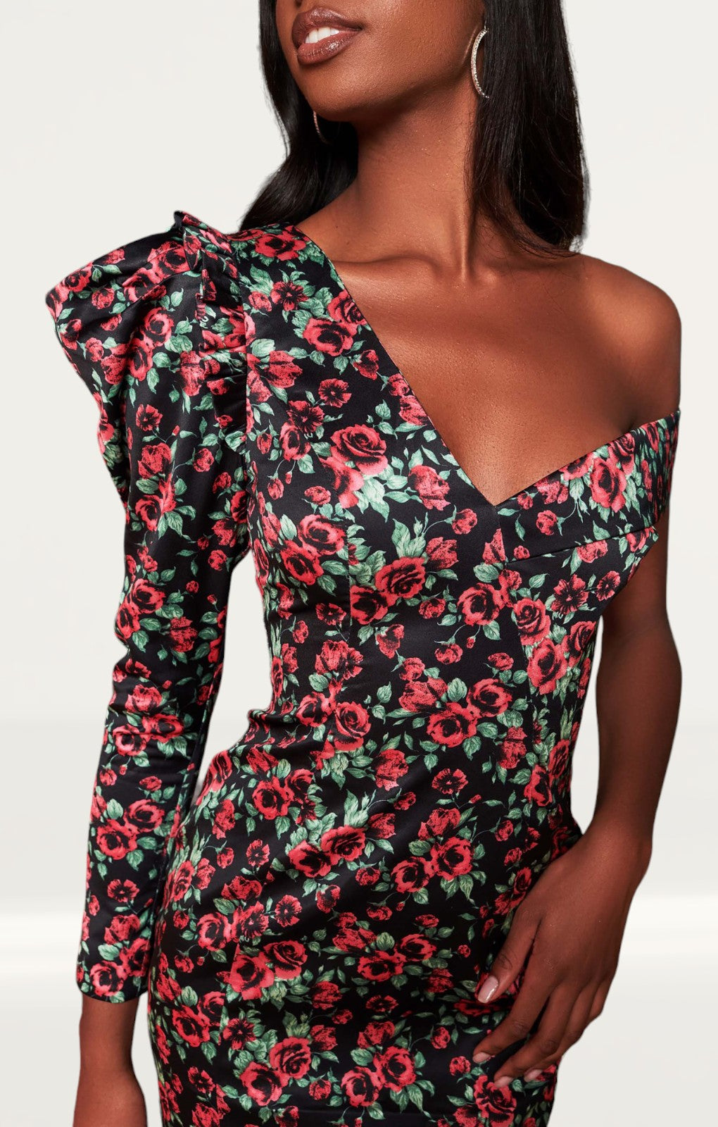 Lavish Alice Rose Print Statement Shoulder Mini Dress