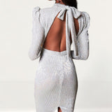 Lavish Alice Silver Open Back Sequin Midi Dress With Bow Detail product image