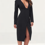 Lavish Alice Square Neck Buttoned Wrap Midi Dress In Black