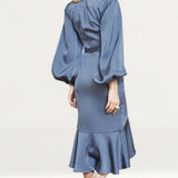 Lavish Alice Steel Blue Satin Balloon Sleeve Wrap Dress product image