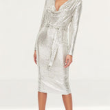 Lavish Alice Stretch Sequin Cowl Neck Midi Dress In Silver
