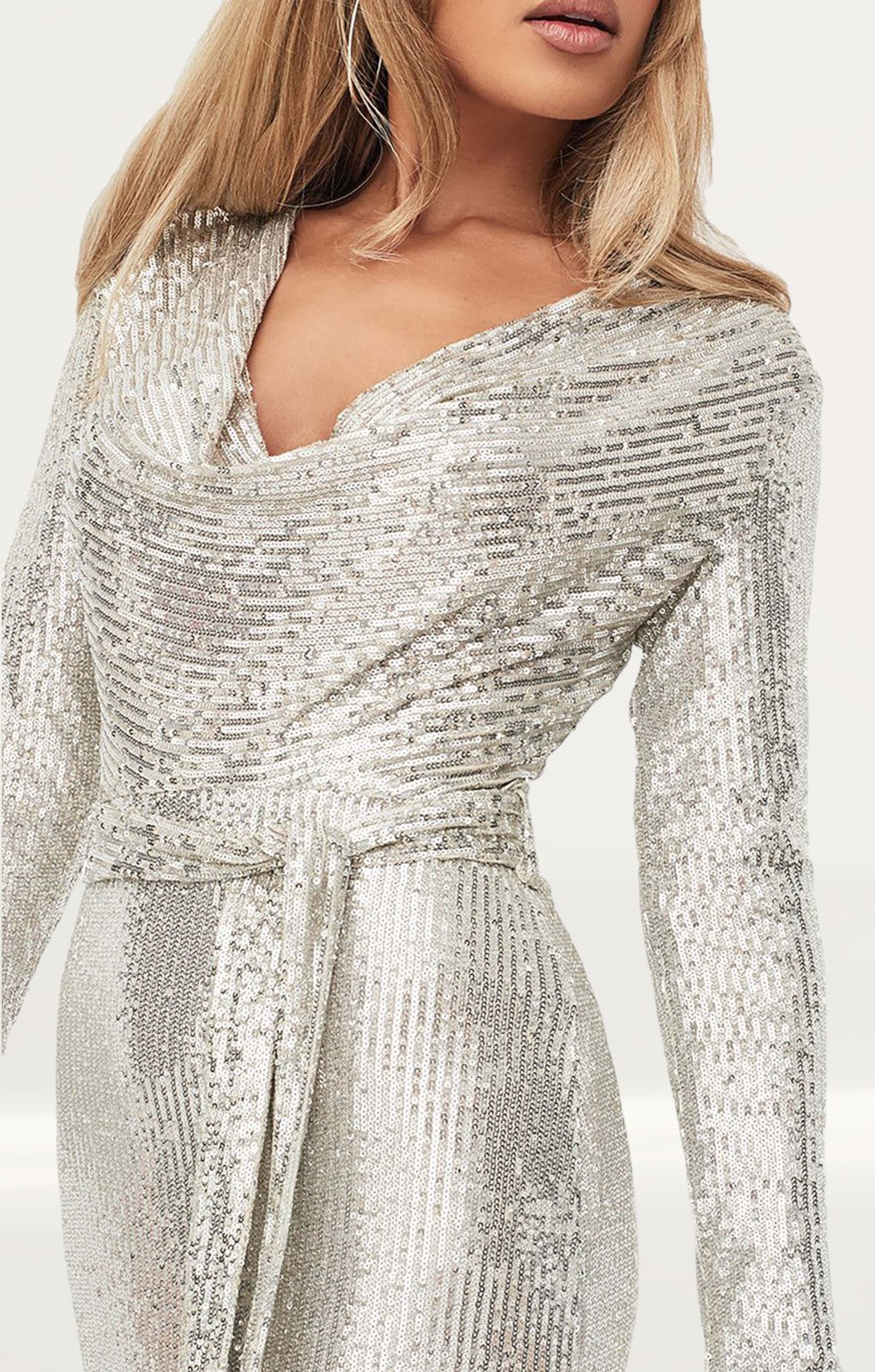 Lavish Alice Stretch Sequin Cowl Neck Midi Dress In Silver product image