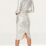 Lavish Alice Stretch Sequin Cowl Neck Midi Dress In Silver