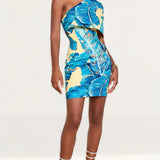 Lavish Alice Yellow Palm One Shoulder Cape Mini Dress