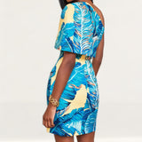 Lavish Alice Yellow Palm One Shoulder Cape Mini Dress