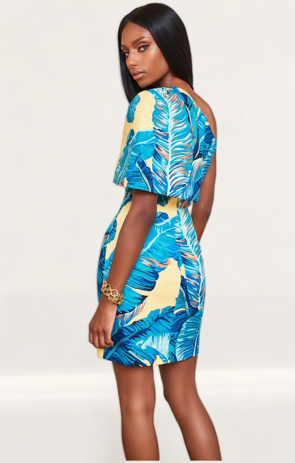 Lavish Alice Yellow Palm One Shoulder Cape Mini Dress