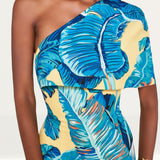 Lavish Alice Yellow Palm One Shoulder Cape Mini Dress
