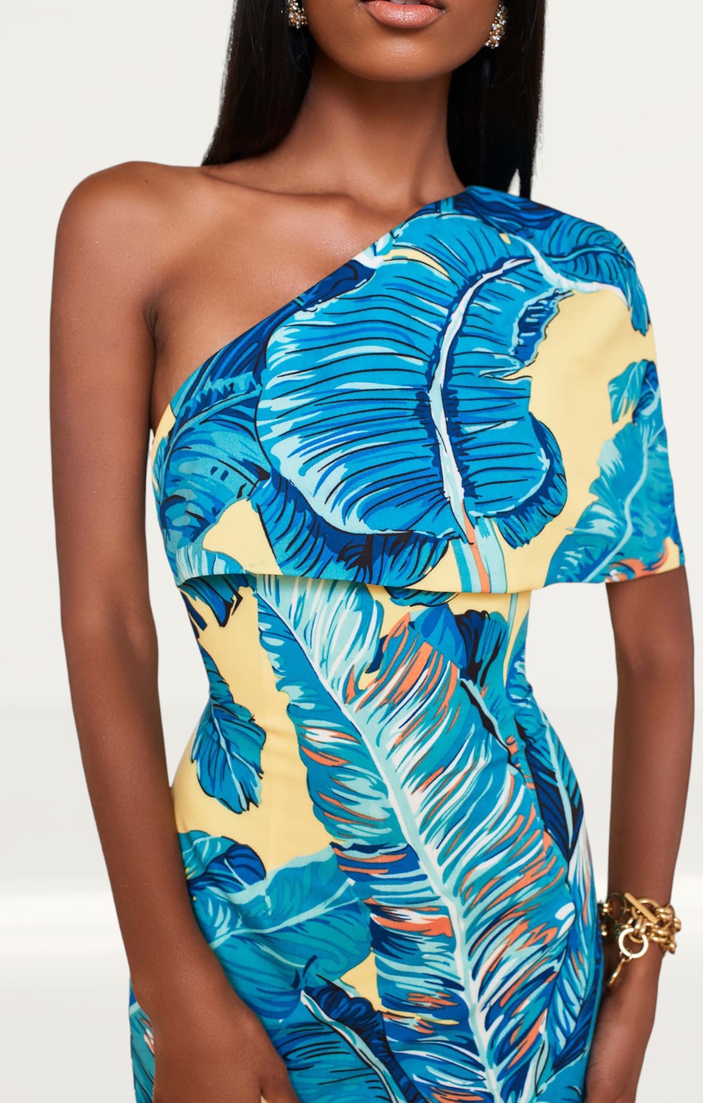 Lavish Alice Yellow Palm One Shoulder Cape Mini Dress