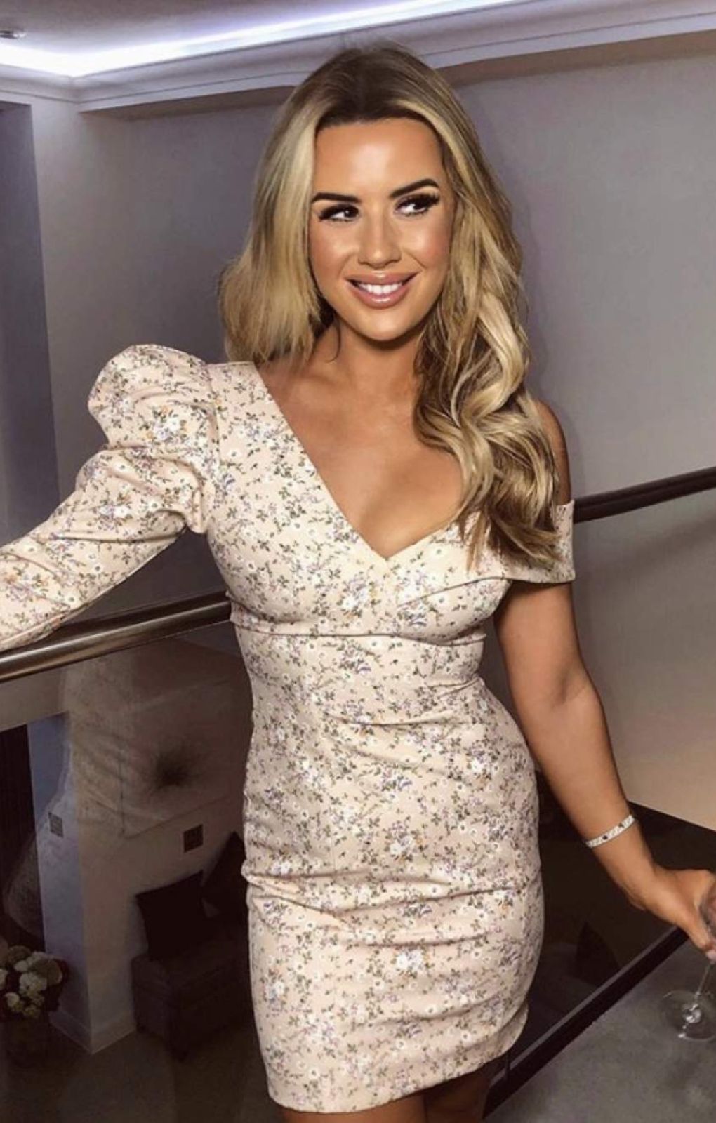 Lavish Alice Beige Floral Statement Shoulder Mini Dress