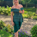 Lavish Alice Forest Green Bardot Ruched Side Midi Dress