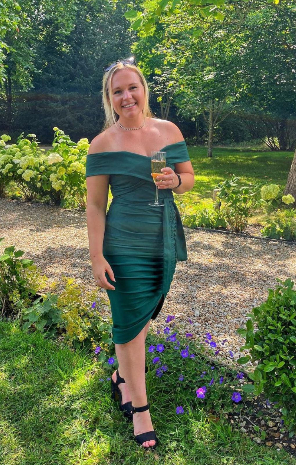 Lavish Alice Forest Green Bardot Ruched Side Midi Dress
