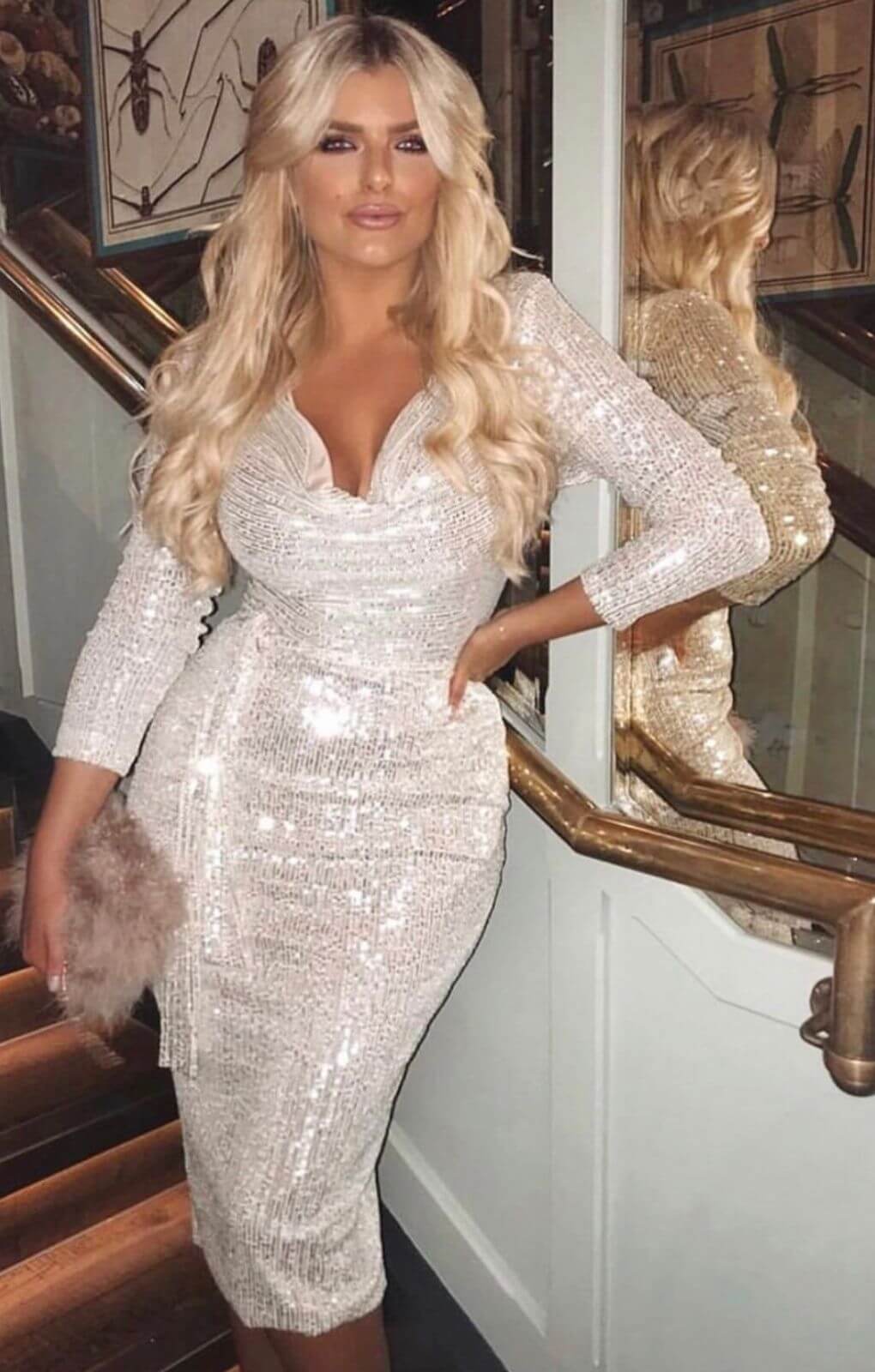 Lavish Alice Stretch Sequin Cowl Neck Midi Dress In Silver