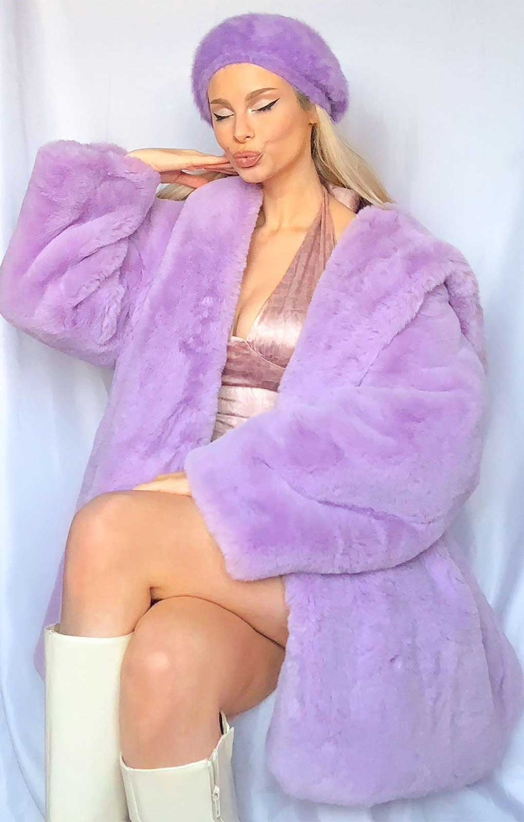 Elsie & Fred Lil Kim Luxury Faux Fur Coat in Lavender