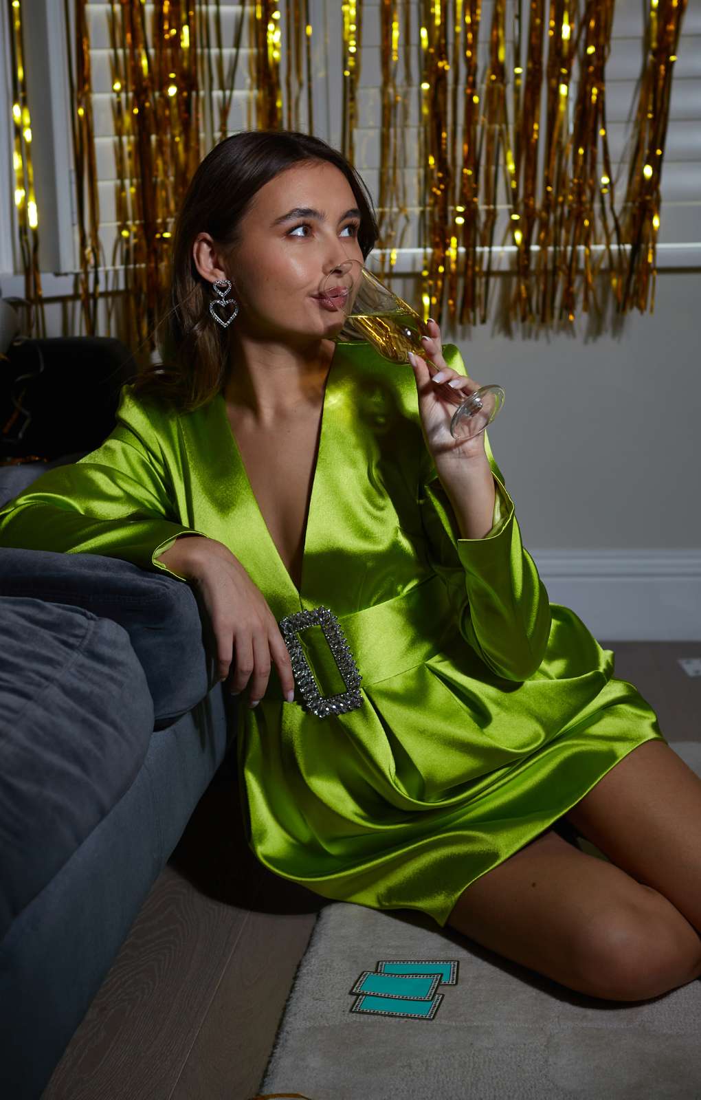 Rent River Island Lime Green Satin Long Sleeve Mini Dress | Hirestreet Rent River Island Lime Green Satin Long Sleeve Mini Dress | Hirestreet