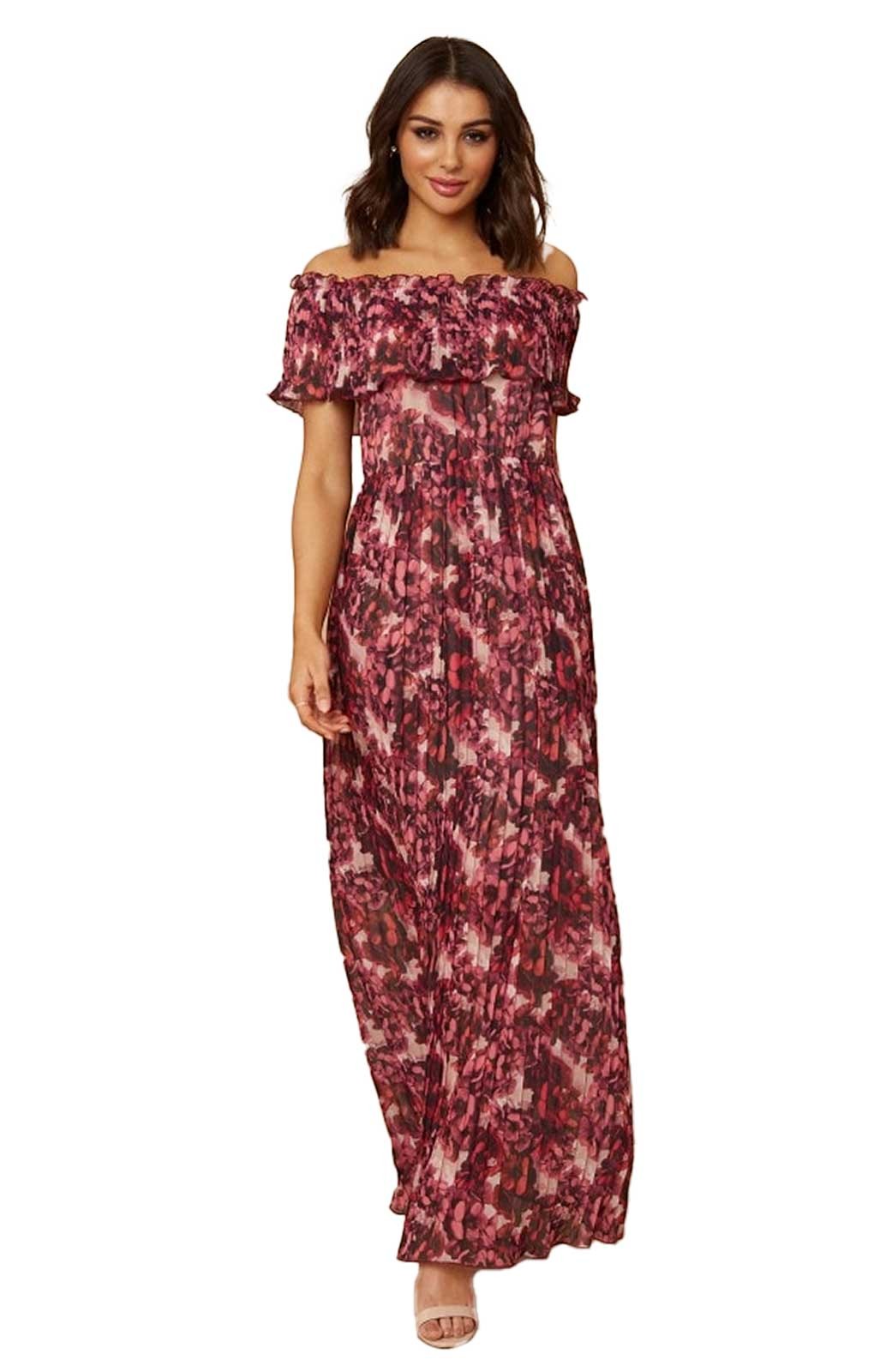 Little Mistress Karter Pink Blossom Floral-Print Bardot Maxi Dress – dresses by Little Mistress, available to rent from Hirestreet