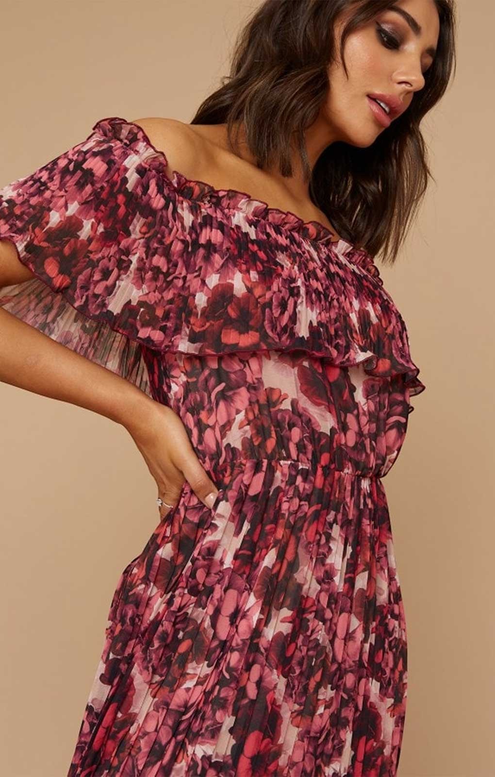 Little Mistress Karter Pink Blossom Floral-Print Bardot Maxi Dress – dresses by Little Mistress, available to rent from Hirestreet