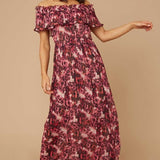 Little Mistress Karter Pink Blossom Floral-Print Bardot Maxi Dress – dresses by Little Mistress, available to rent from Hirestreet