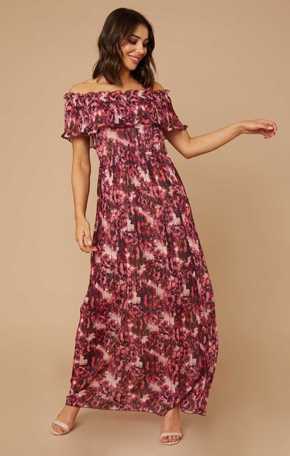 Little Mistress Karter Pink Blossom Floral-Print Bardot Maxi Dress – dresses by Little Mistress, available to rent from Hirestreet