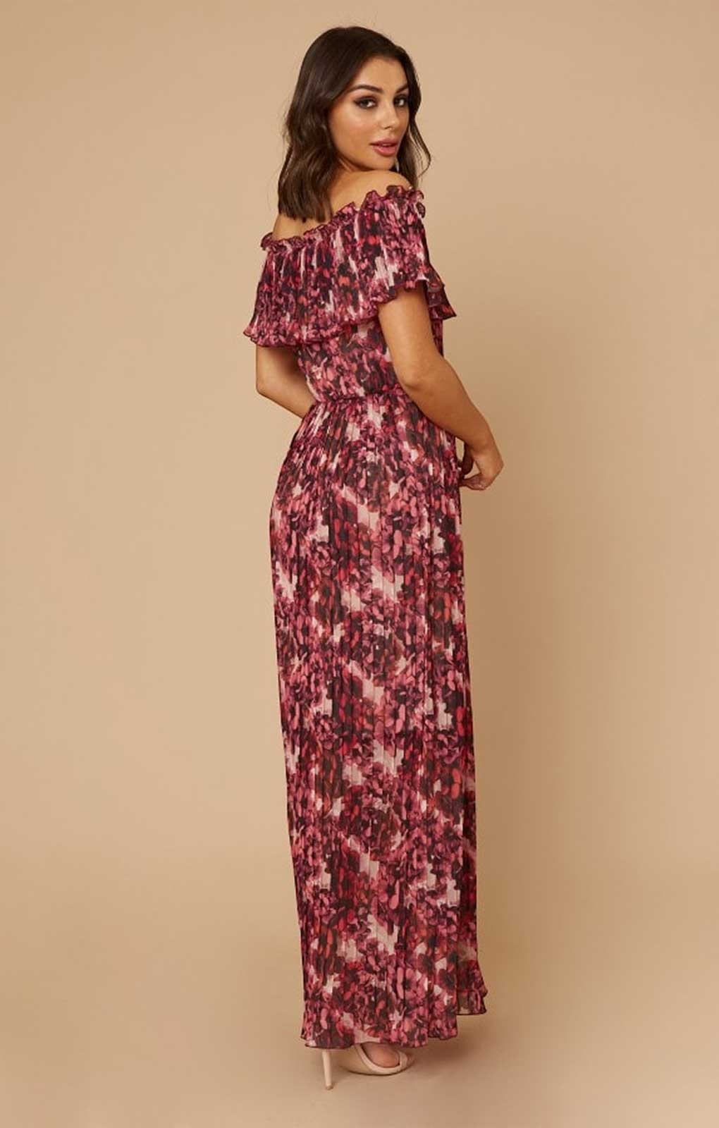 Little Mistress Karter Pink Blossom Floral-Print Bardot Maxi Dress – dresses by Little Mistress, available to rent from Hirestreet