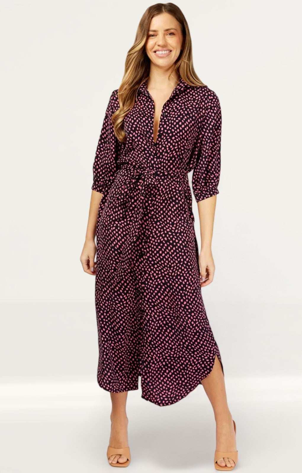 Little Mistress Navy And Pink Spot Print Midaxi Shirt Dress product image