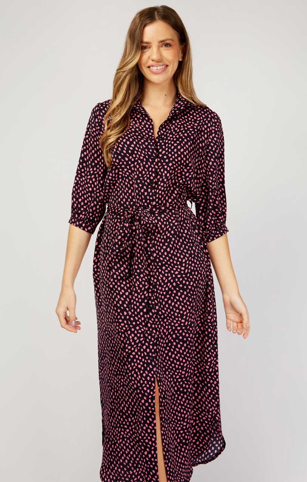 Little Mistress Navy And Pink Spot Print Midaxi Shirt Dress
