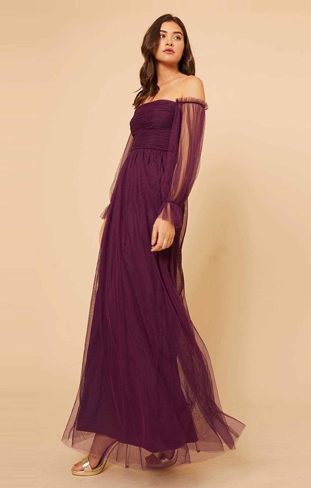 Little Mistress Plum Bardot Maxi Dress