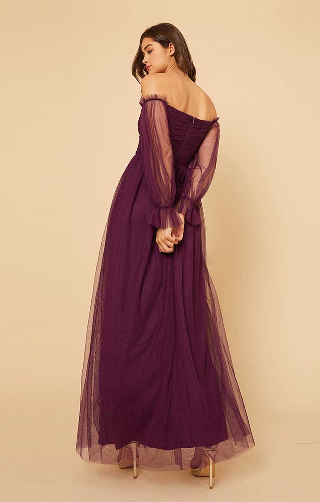 Little Mistress Plum Bardot Maxi Dress