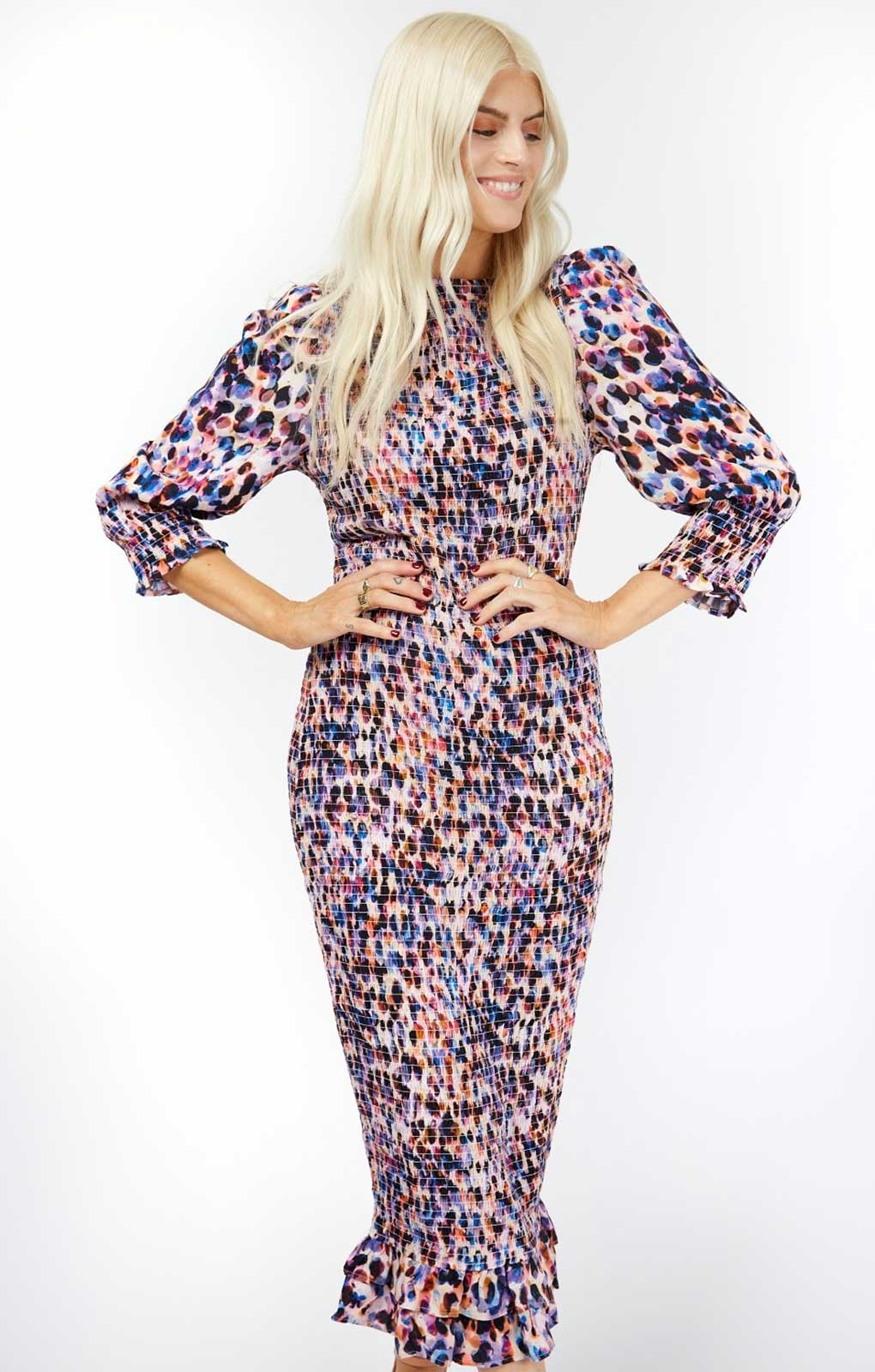Little Mistress Multi Spot Print Shirred Midi