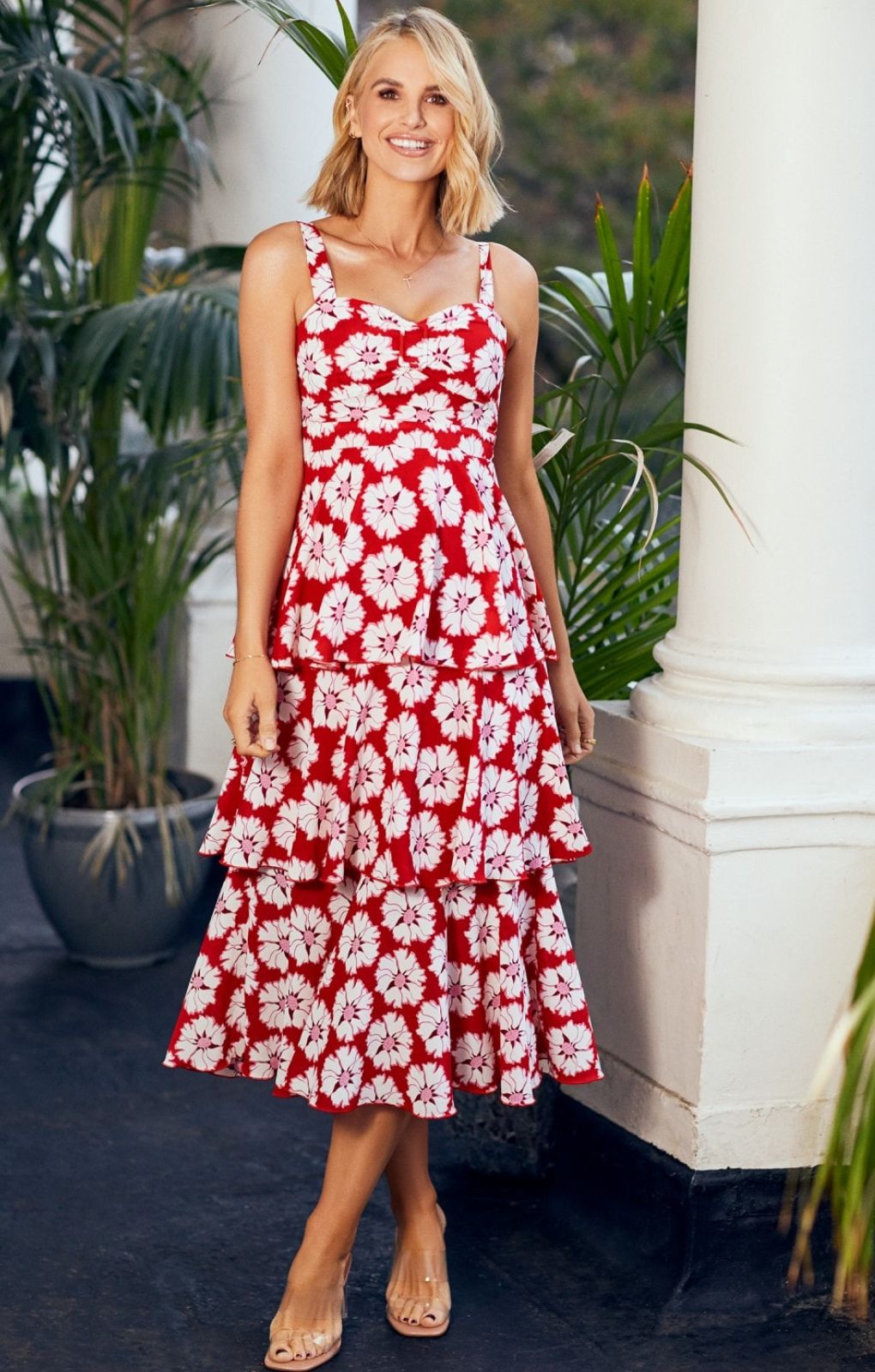 Rent Little Mistress By Vogue Williams Red Floral Print Tiered Midaxi Dress Hirestreet