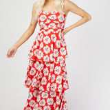 Little Mistress By Vogue Williams Red Floral Print Tiered Midaxi Dress