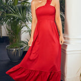 Little Mistress By Vogue Williams Red Shirred One-Shoulder Maxi Dress product image