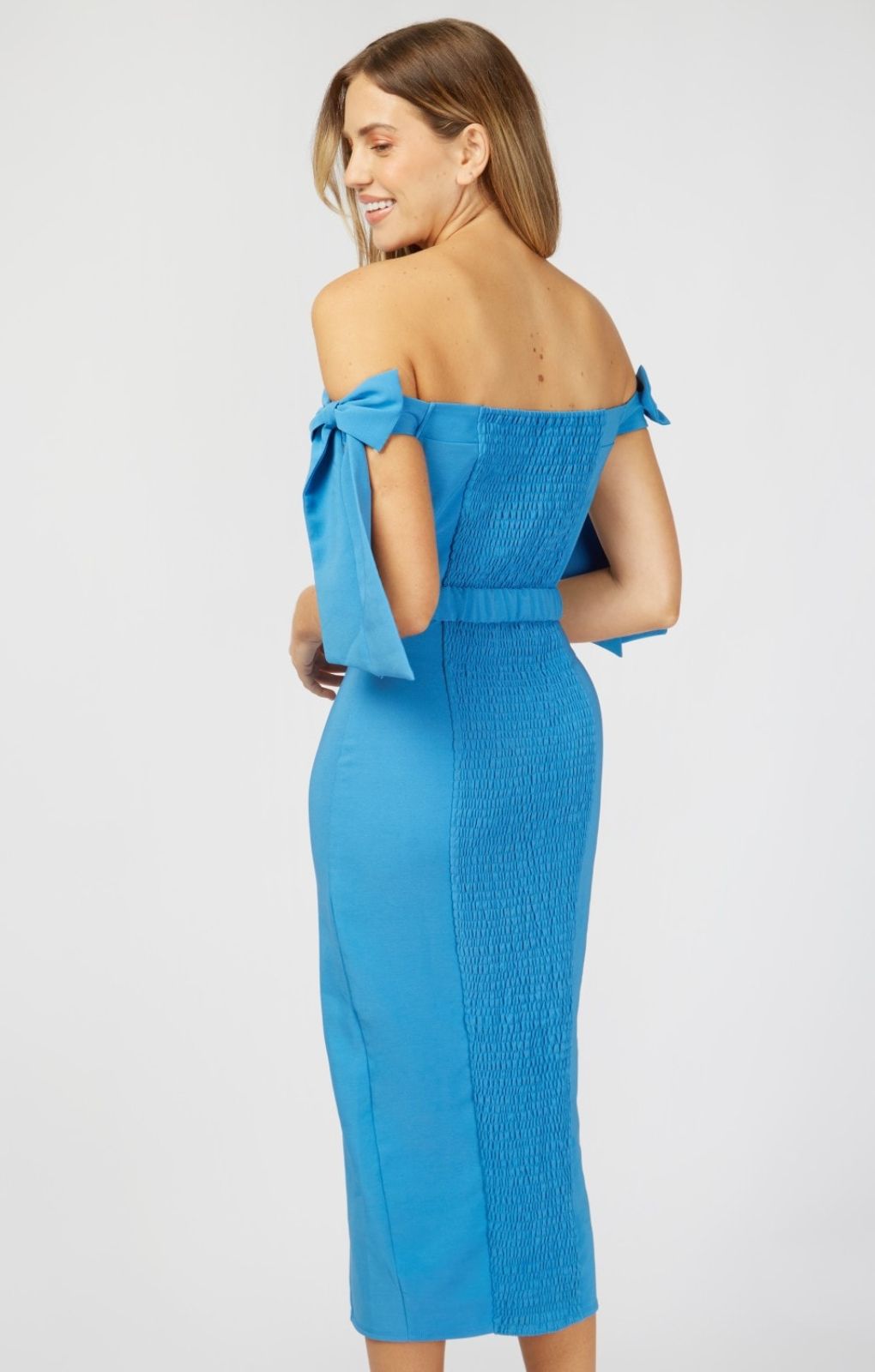 Little Mistress Cornflower Bardot Midi Dress with Tie Sleeve