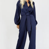 Little Mistress Navy Satin Jumpsuit with Belt