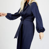 Little Mistress Navy Satin Jumpsuit with Belt