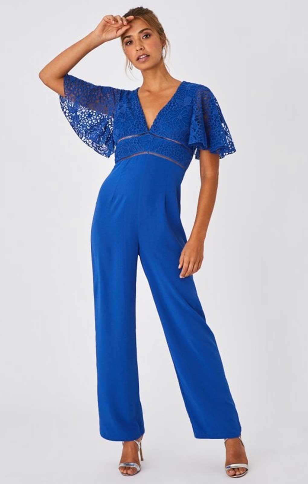 Little Mistress Lela Cerulean Blue Lace Angel Sleeve Jumpsuit