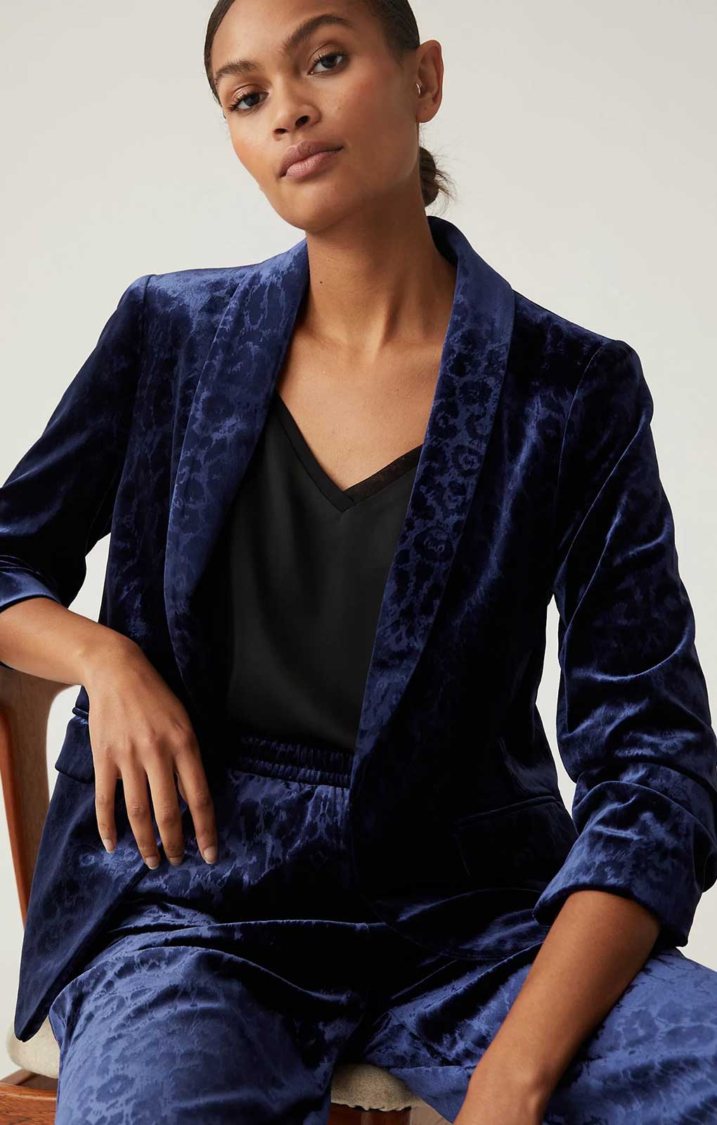 M&S Navy Animal Velvet Trouser Suit Co-Ord