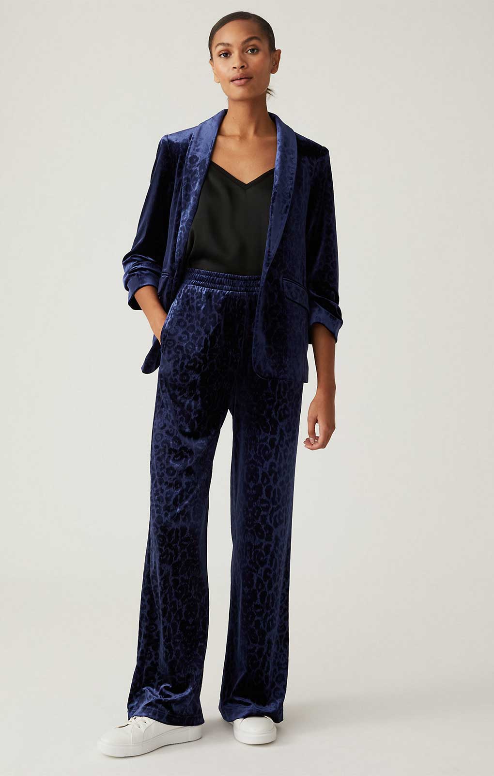 M&S Navy Animal Velvet Trouser Suit Co-Ord